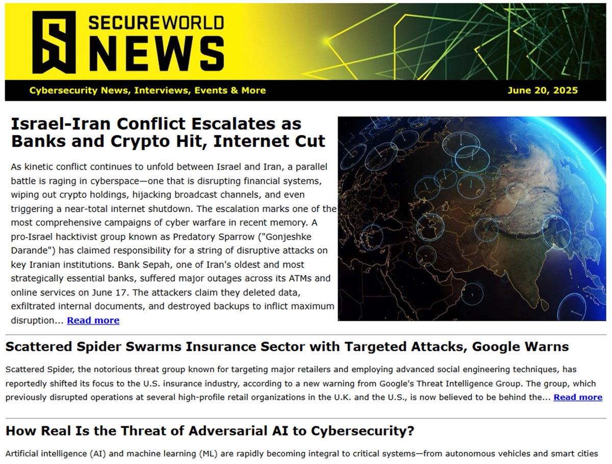 Israel–Iran Conflict Escalates in Cyberspace: Banks and Crypto Hit, Internet Cut. Read more in this week's SecureWorld newsletter: hubs.li/Q03t3yMG0 SUBSCRIBE to receive cybersecurity news, interviews, webinars, and more.