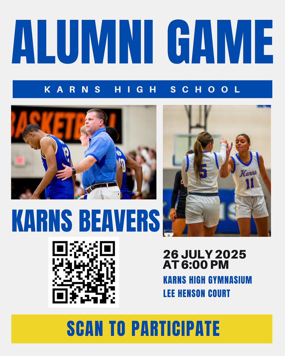 We will be hosting our second annual Karns High School Alumni Game on Saturday, July 26th!

Scan to participate!
