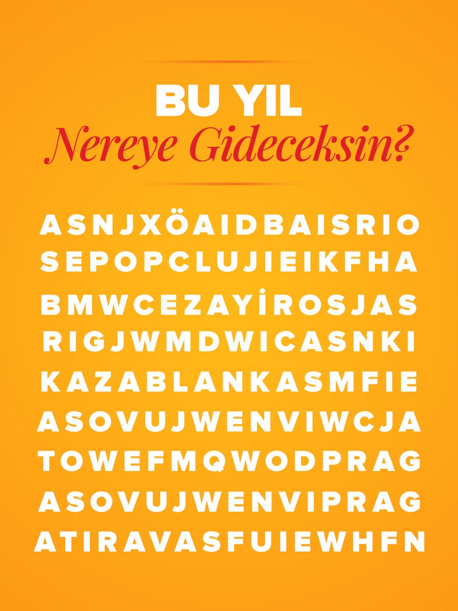 ucurbenipegasus's tweet photo. Bu yıl nereye gideceğin bulmacada saklı! Peki sen ilk hangi şehrin ismini gördün ve nereye gidiyorsun? ✈️🔎 ​
​
Yorumlara yaz! 💛 https://t.co/suMnJKMoGk