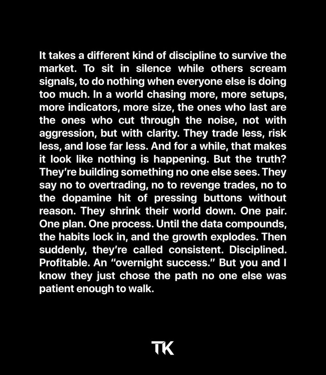 Period. This is the part nobody likes to tell you about, because they would rather get the ego boost of trying to trade every day to prove something to themselves. 

False narrative that social media has built for traders, and I never understood that until I escaped that trap.