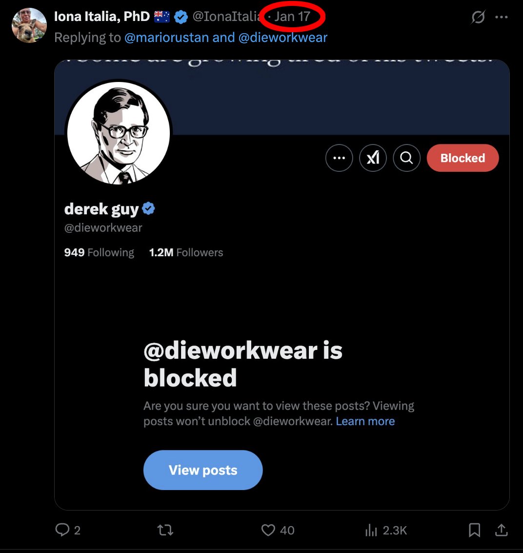 derek guy (@dieworkwear) on Twitter photo <a href="/IonaItalia/">Iona Italia, PhD 🇦🇺</a> This is a very strange way to frame what happened.
Back in November, you blocked me (which is fine). Then two months later, you tweeted about me from behind a block. I only saw it because I received notifications from the 50 people who replied to you. I thought your comment was <a href="/IonaItalia/">Iona Italia, PhD 🇦🇺</a> This is a very strange way to frame what happened.
Back in November, you blocked me (which is fine). Then two months later, you tweeted about me from behind a block. I only saw it because I received notifications from the 50 people who replied to you. I thought your comment was