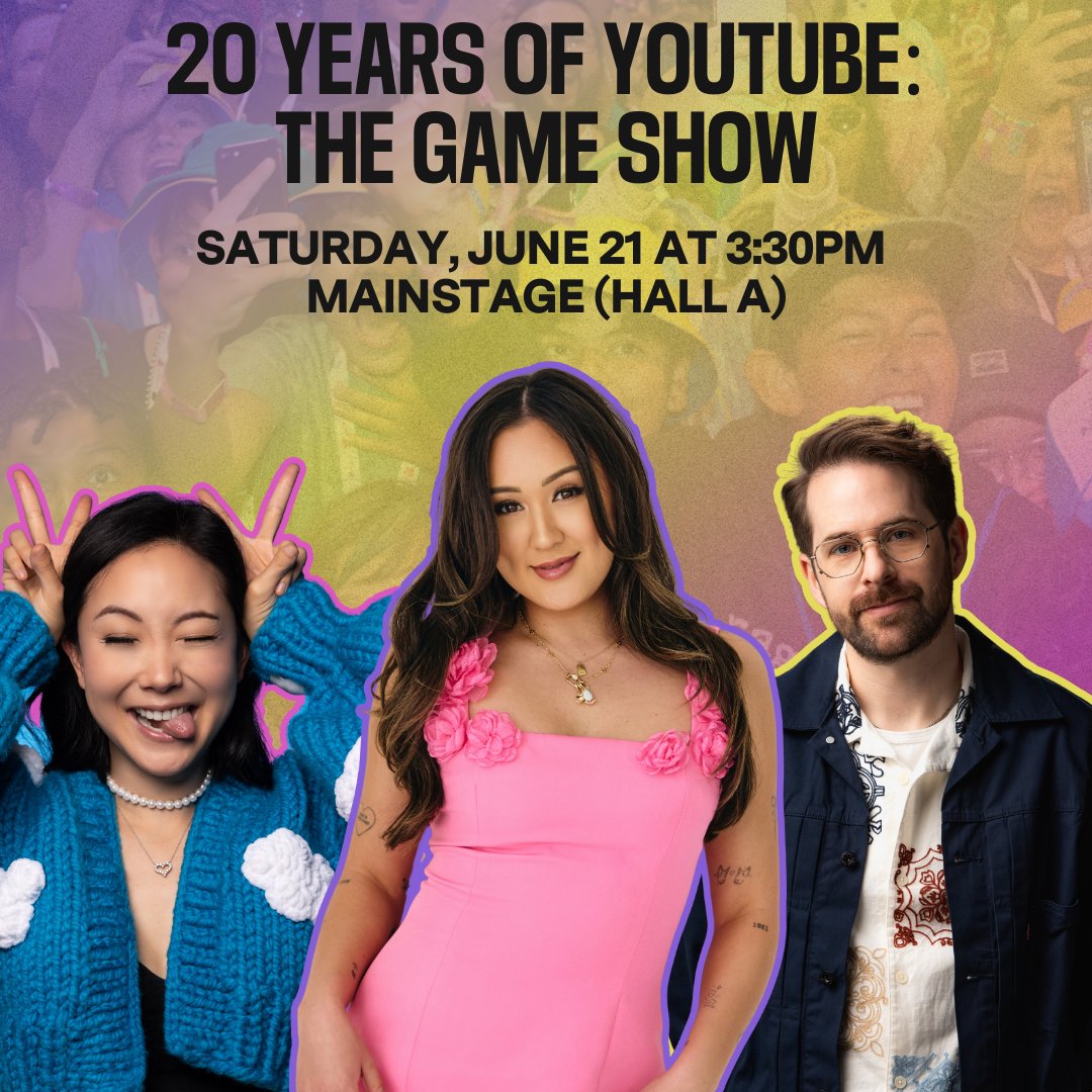 don't miss 20 Years of <a href="/YouTube/">YouTube</a>: The Game Show, featuring <a href="/laurDIY/">lauren *∘✩.</a>, <a href="/SmoshIan/">Ian Hecox</a>, and more!!

📹 today (June 21) at 3:30PM on the #VidConAN25 Mainstage (Hall A)