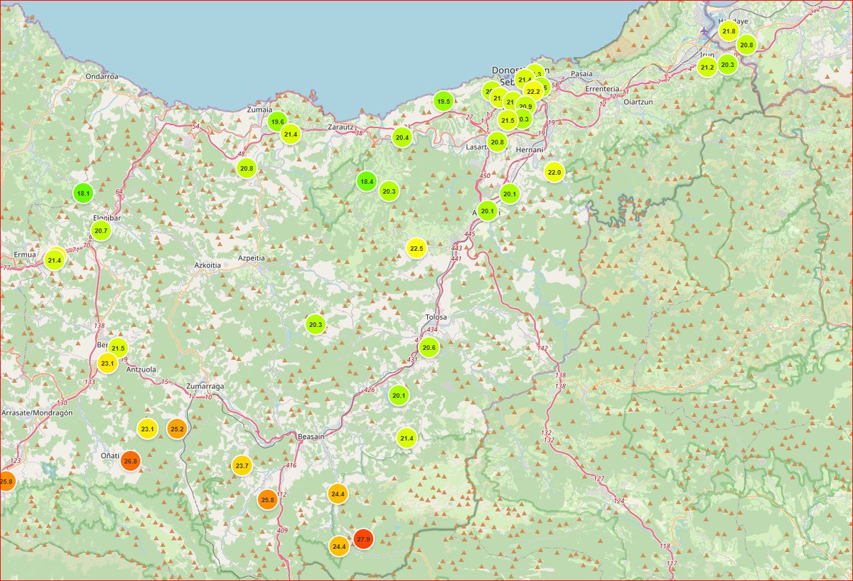 🌡️ Temperaturas Actuales 17:00 en Gipuzkoa. 
en 24h 
Bergara Ayer +36º    hoy  21/22º 
Andoain Ayer 32.3º  hoy 20,1º
Beizama Ayer 34.8º  hoy 20.3º