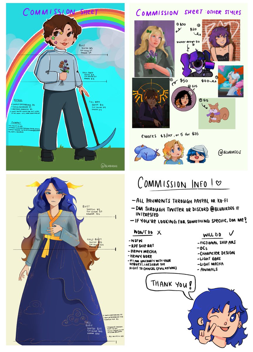 blubirdds's tweet image. [RTs appreciated] I&apos;ve finally gotten around to making a c0mm sheet! Images in higher resolution will be below in the thread. 

#digitalart #commissionsopen