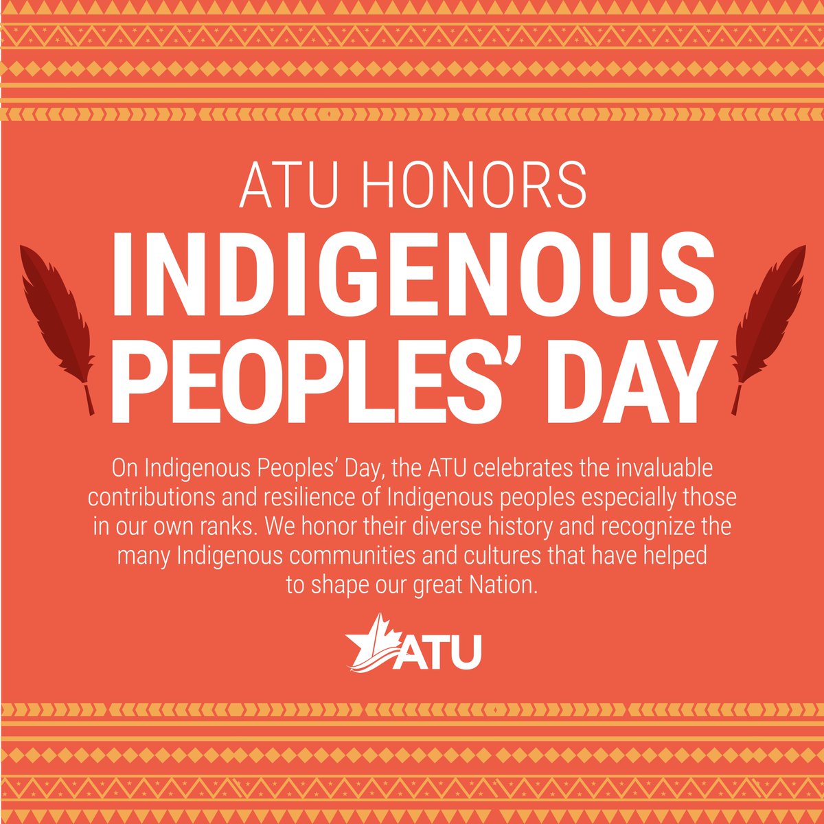Happy Indigenous Peoples Day!

Celebrating and honouring the history, cultures, and contributions of First Nations, Inuit, and Métis peoples across Turtle Island.

#IndigenousPeoplesDay #ATU #Solidarity