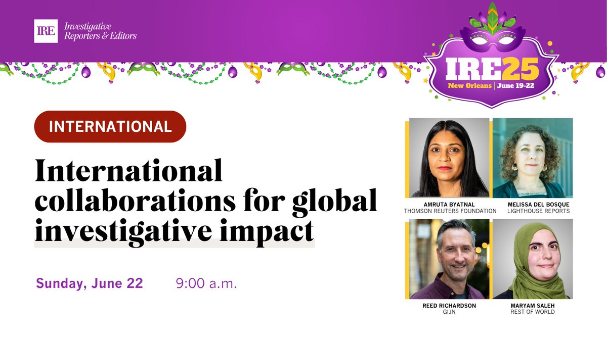 amrutabyatnal's tweet image. Excited to be in New Orleans for the Investigative Reporters and Editors conference. On Sunday, I'll be moderating a panel on the nitty gritties of international collaborations with some really smart minds: @MaryamSaleh, @reedfrich and Melissa Del Bosque. Join us if you're here!