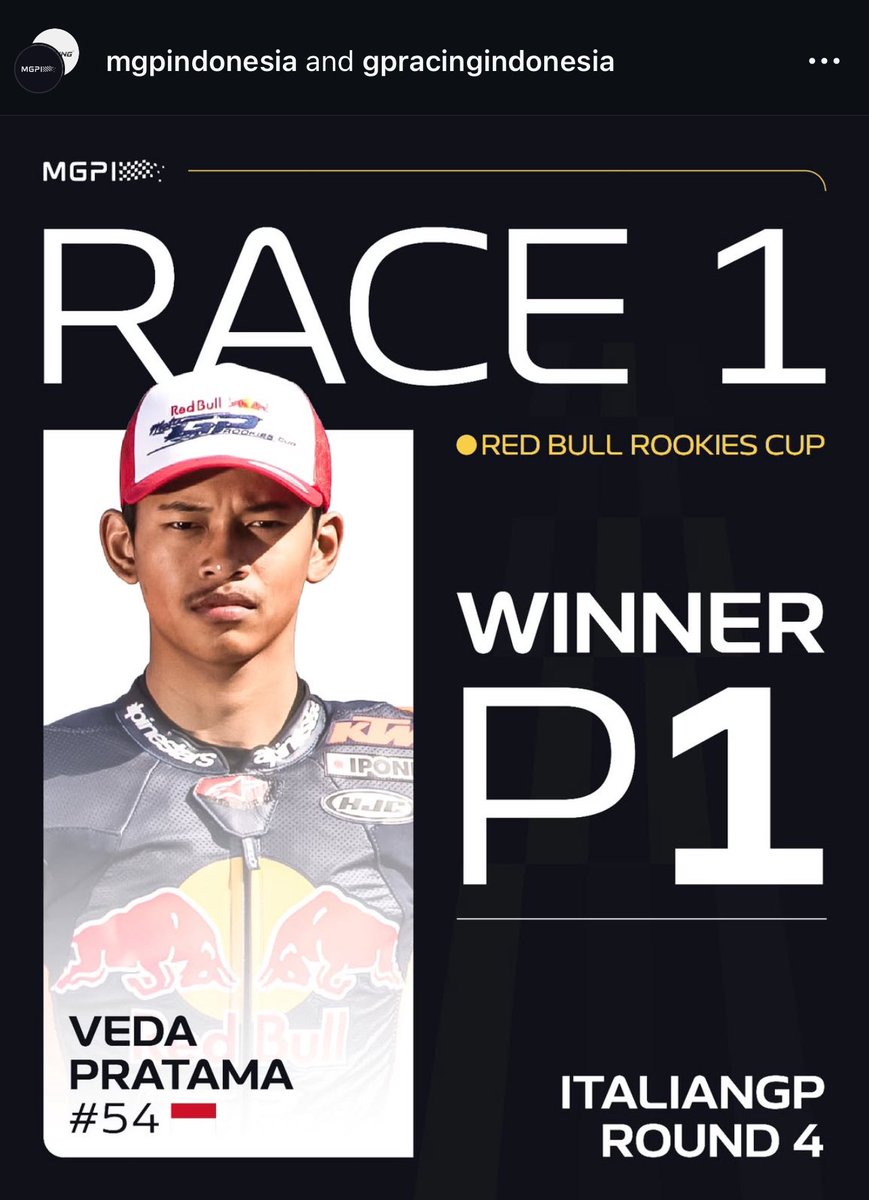 Pertama kalinya Bendera Merah Putih berkibar dalam ajang Red Bull Rookies Cup di Sirkuit Mugello, Italia! 

Veda Ega Pratama cah gunung kidul pebalap masa depan Indonesia 🇮🇩

 Kasih Veda jam Rolex juga dong Pak Prabowo. Huhuhuhu