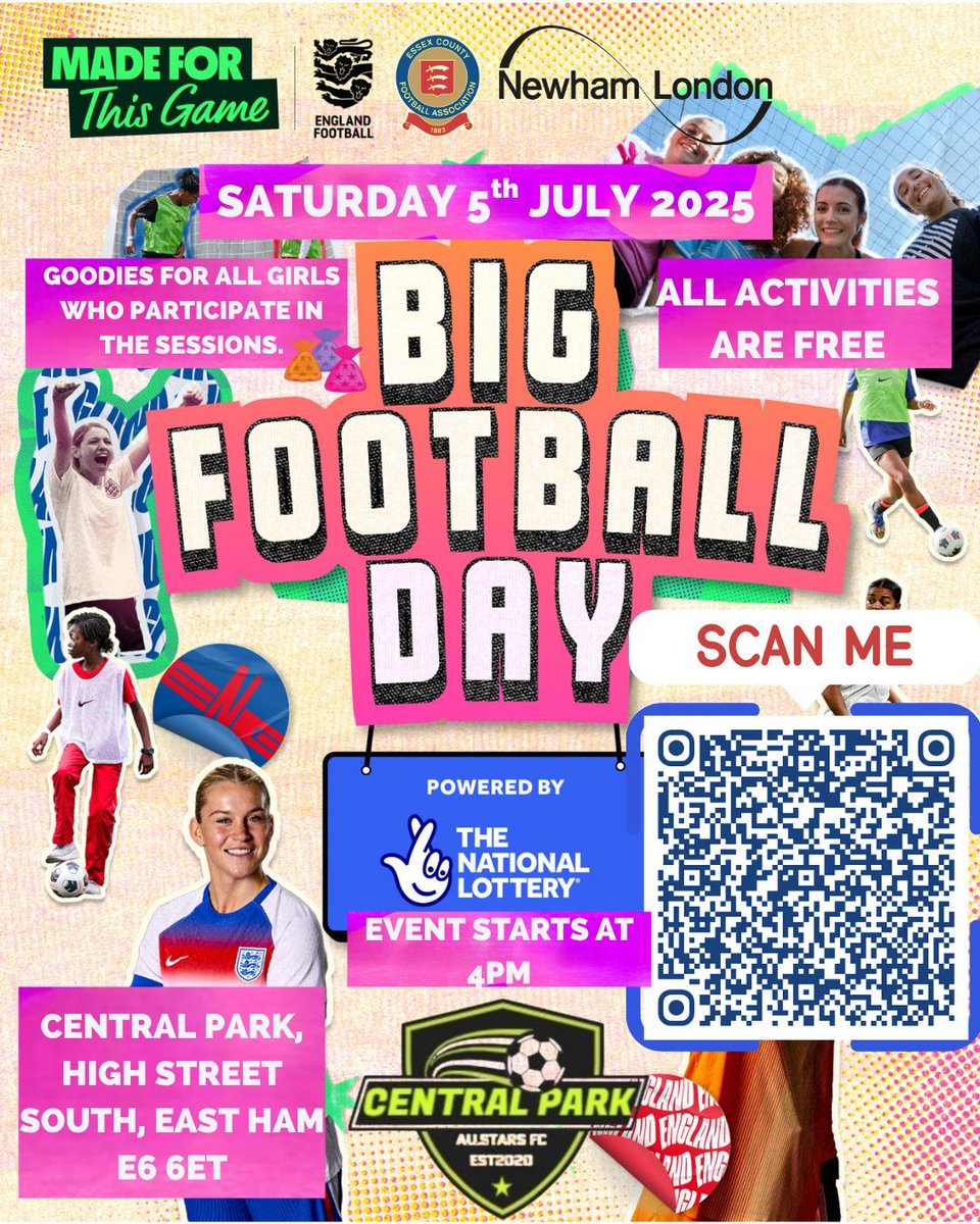 This is more than a game – it’s a celebration! 🎊
<a href="/NewhamLondon/">Newham London 💙</a> is going BIG on 5 July with #BigFootballDay 🙌
Female football tasters (Wildcats, Squad, Women’s Rec), music, face paint &amp; England v France LIVE!
In partnership with <a href="/EssexCountyFA/">Essex County FA</a> <a href="/cpafc20/">Central Park Allstars FC</a> <a href="/CpafcGirls/">CPAFC GIRLS</a> <a href="/TNLUK/">The National Lottery</a> 💜
Sign