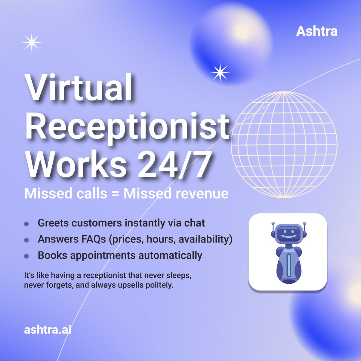 AshtraAI's tweet image. 24/7 Virtual Receptionist – Never Miss a Booking
Late-night messages? Sunday bookings? Early-morning reschedules?
Ashtra AI responds instantly — no breaks, no holidays, no “please wait.”
With Ashtra’s virtual receptionist, you get:
• Automated replies
• Fast, accurate…