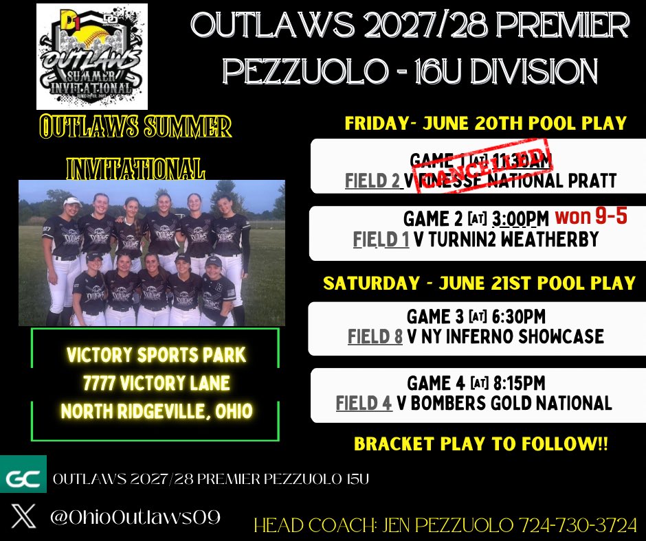 Updated schedule as of Saturday at 11:00am 

The rain hit again last night, but we are still finding out more info as <a href="/d1fastpitch1/">D1 Fastpitch</a> is working overtime for the girls and college coaches to get games in.

Keep an eye out for Sundays games &amp; locations announced soon! 🖤☠️