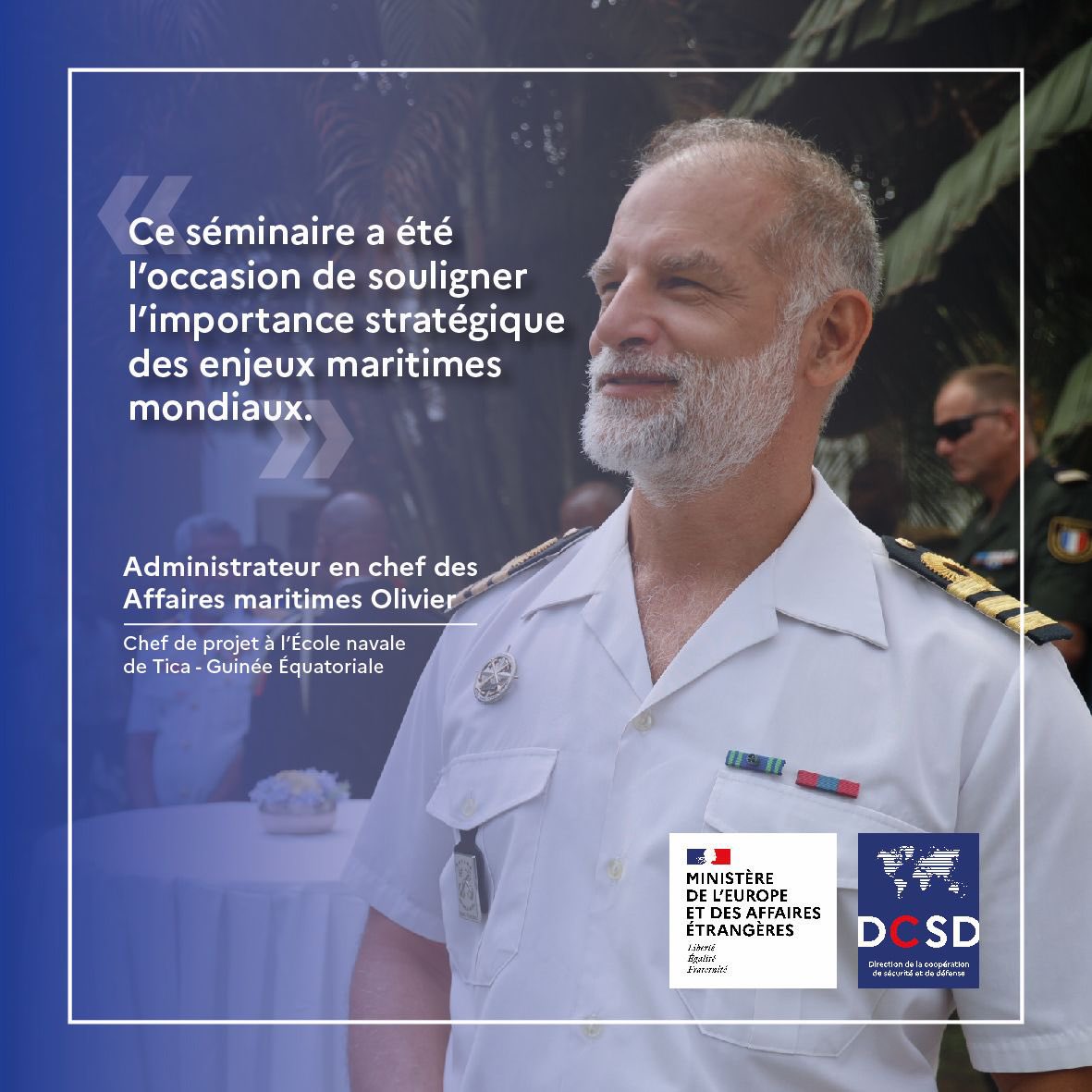 CoopSecuDefense's tweet image. #Congo 🇨🇬🇫🇷 : 5️⃣ᵉ édition du séminaire des écoles de la #DCSD.
➡️ Découvrez le témoignage de l’administrateur en chef des affaires maritimes Olivier, coopérant à l’École navale de Tica en Guinée équatoriale.