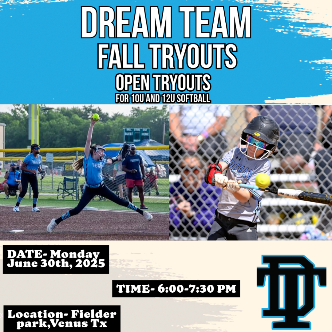 Softball Tryouts 
📅 Date: June 30th
⏰ Time: 6:00–7:30 PM
📍 Location: Fielders Park, Venus, TX
👧 Who: Open to 10U &amp; 12U softball players

Bring your glove, your game, and your hustle. Let’s see what you’ve got!