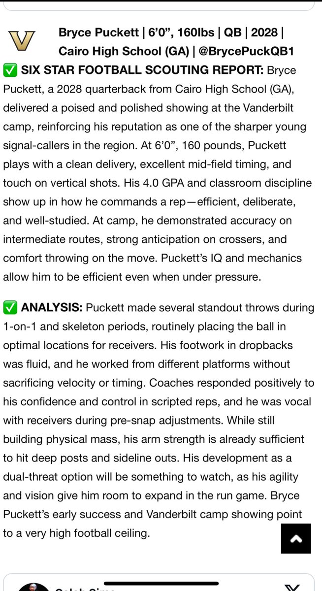 BrycePuckQB1's tweet image. Thank you @sixstarfootball for the write up! I had a great time at @VandyFootball @TimBeckFB @CoachAltman @QBHitList @GAVarsityRivals @PrepRedzoneGA @BCTROJANFB @DanBlackbourn @CoachJoshMack @jglenn4242 @RecruitGeorgia