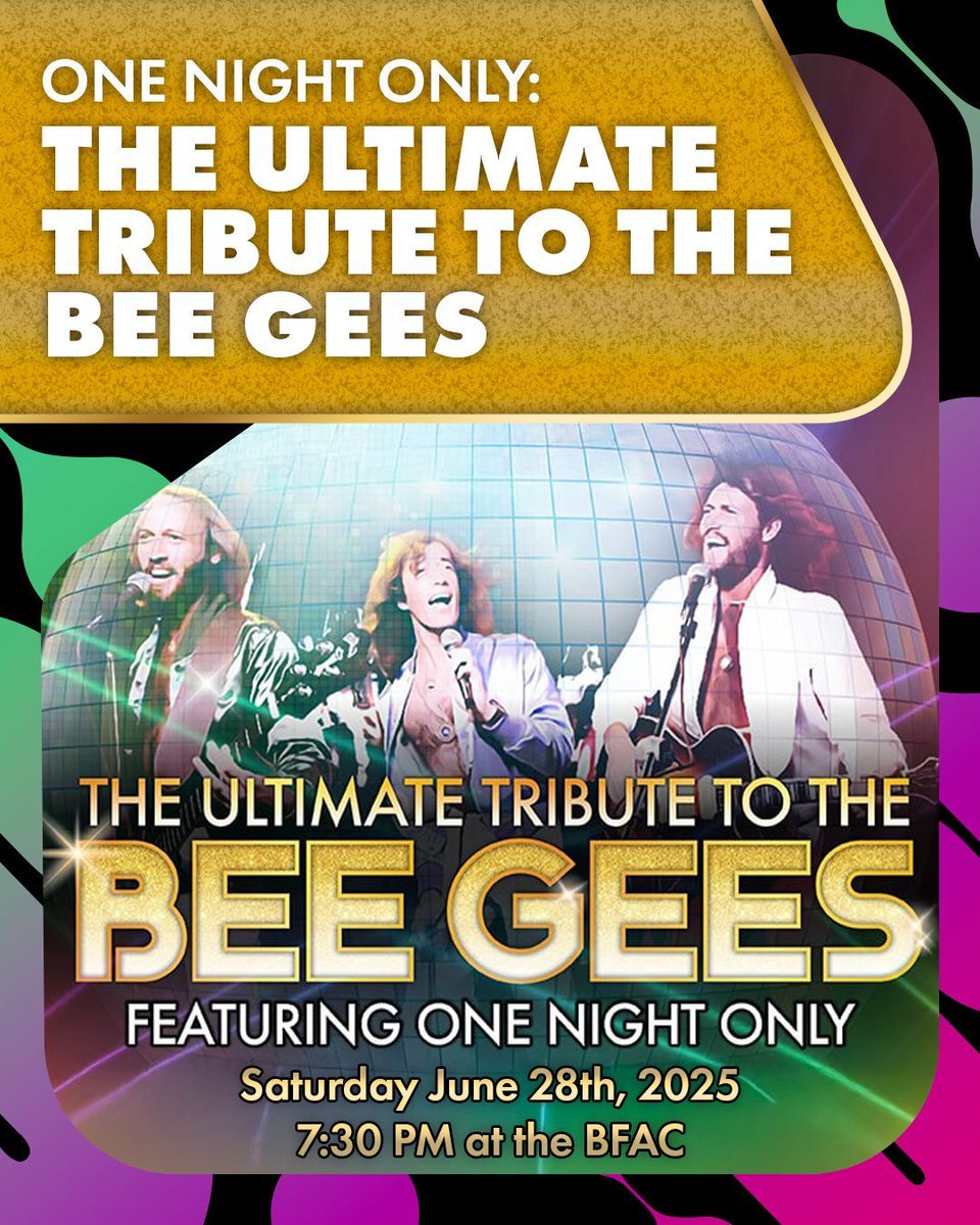 Relive the golden era of disco with One Night Only: The Ultimate Tribute to the Bee Gees — at the BFAC stage on 6/28 @ 7:30 PM! Performed by award-winning vocalists and a full band, it’s a night of nostalgia, high-energy, &amp; nonstop hits. Grab tickets now: buff.ly/DsuDEu4