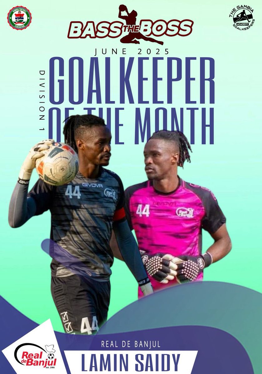 RealDeBanjulFC's tweet photo. Congratulations, Captain Fantastic @saidyjawo7 on winning Bass D Boss’ June domestic league goalkeeper of the month 🧤🥰👏🏽.

It's all coming to one place at the right time. Enjoy, Great Whites’ wall 🤍✊🏽. 

#rdb #saidy #real4real ##cityboys #champ #realdebanjul https://t.co/TI8xwFP7Yk