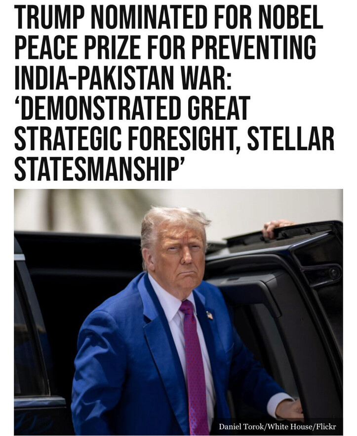 Jessie2 (@jessies_too) on Twitter photo Pakistan has nominated <a href="/POTUS/">President Donald J. Trump</a> for the 2026
Nobel Peace Prize for his de-escalation of the
conflict between India & Pakistan.
"The nomination highlights his 'decisive diplomatic
intervention' & mediation efforts regarding the
Kashmir region." ~ Grok 👇 Pakistan has nominated <a href="/POTUS/">President Donald J. Trump</a> for the 2026
Nobel Peace Prize for his de-escalation of the
conflict between India & Pakistan.
"The nomination highlights his 'decisive diplomatic
intervention' & mediation efforts regarding the
Kashmir region." ~ Grok 👇
