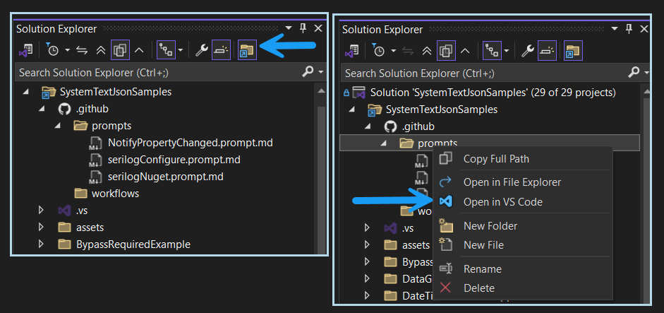 Recommend extensions for creating Copilot prompt files.

🔹File Explorer for Visual Studio: Allows access to prompt files.

🔹Open in Visual Studio Code: create and edit prompt files.