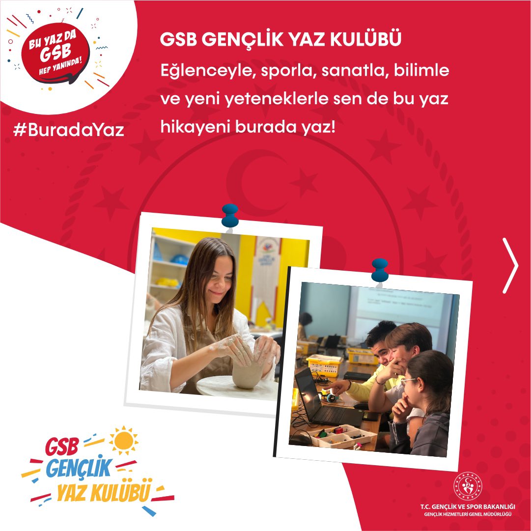 GSBgenclik's tweet photo. Okullar kapandı; macera, keşif, yenilik, teknoloji ve gelişim sezonu açıldı. ⭐

Gençlik Kamplarımızdan yaz kulübümüze, hasat etkinliğimizden Gençlik Merkezlerimize kadar bu yazı unutulmaz yapmak için hazırız! 👍🏻😎

Sen de hazırsan detaylı bilgi için https://t.co/QP0t8BJCA7 adresine bekliyoruz.

#BuradaYaz #GençlikKampları #GençlikMerkezleri