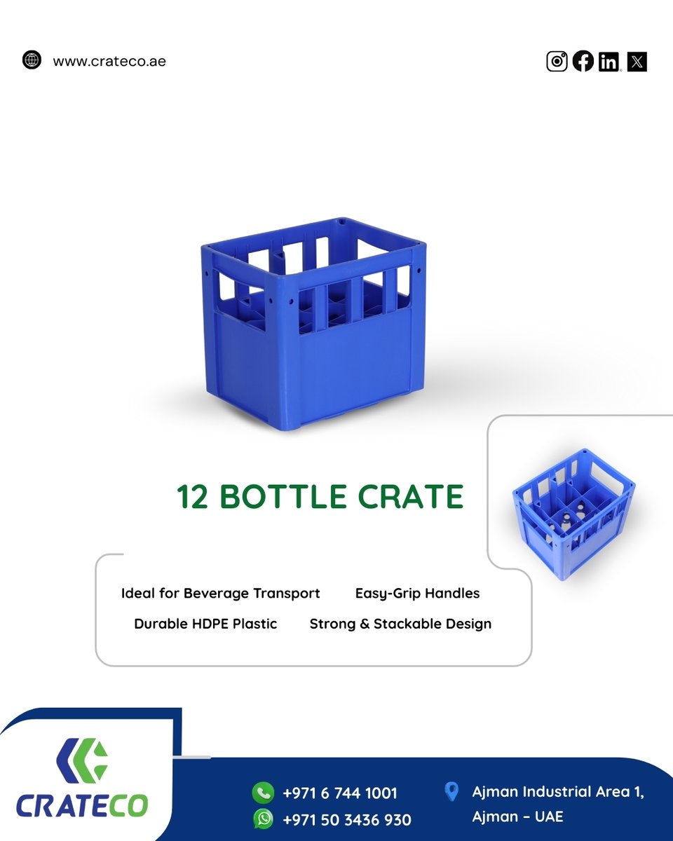 CratecoPack's tweet photo. Secure Transport. Sturdy Storage.
 .
 Crateco’s 12 Bottle Crate is built from durable HDPE plastic; perfect for safe beverage transport. 

Easy to grip, stack, and store.
 .
 📞 +971 6 744 1001
 📍 Ajman – UAE
 .
 #bottlecrate #crateco #beveragestorage #plasticcrates https://t.co/CMKfjpWfB1