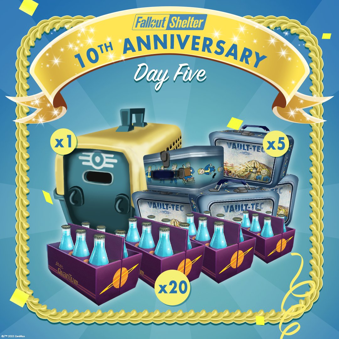 Die #FalloutShelter-Feier erreicht ihren von Vault-Tec genehmigten Höhepunkt. 🎉 

Spielt noch heute, um euch euren Gewinn abzuholen (Mobil only):

📦 5 Lunchboxen
🐕 1 Haustiertransportbox
🥤 20 Nuka-Colas