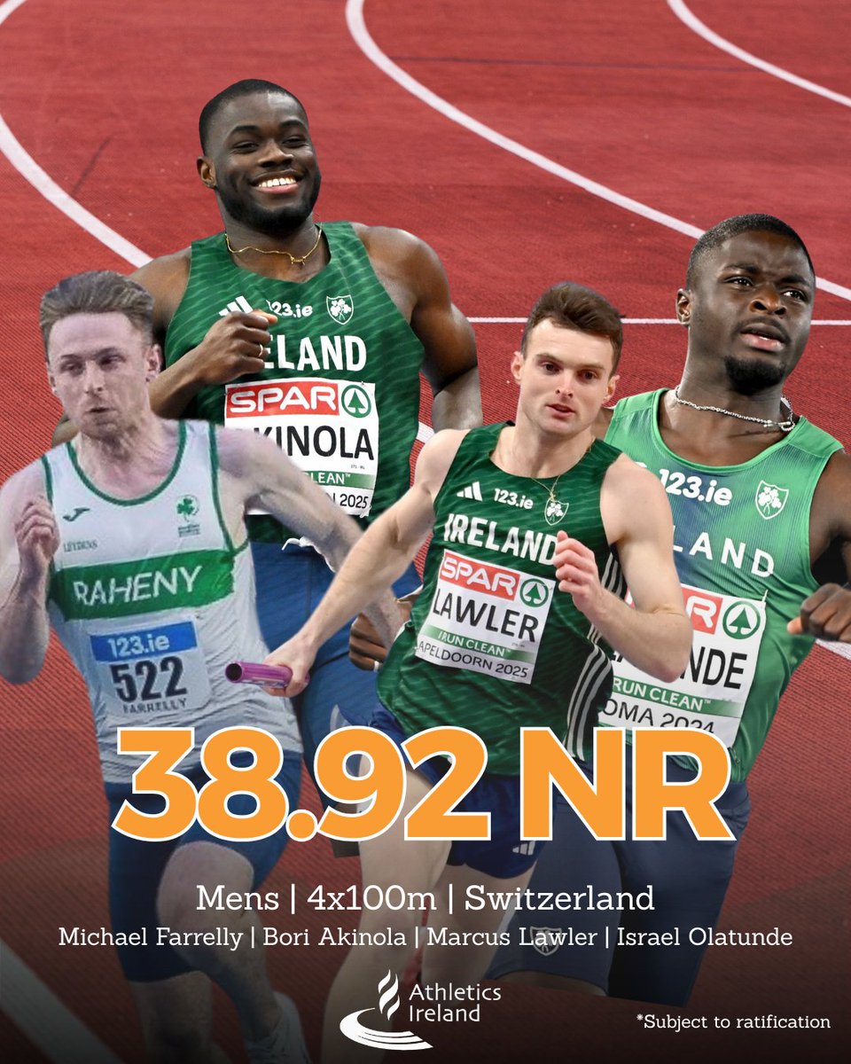 💥𝐍𝐀𝐓𝐈𝐎𝐍𝐀𝐋 𝐑𝐄𝐋𝐀𝐘 𝐑𝐄𝐂𝐎𝐑𝐃💥 

The men’s 4x100m team of Michael Farrelly, Bori Akinola, Marcus Lawler, Israel Olatunde have set a new relay record of 38.92 NR when finishing second at the World Continental Tour Meet in Switzerland earlier today🤩  

The quartet