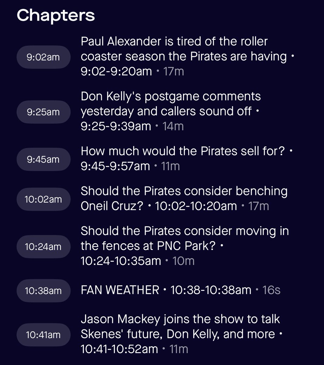 A beautiful Saturday morning Bucco Talk.

▪️ Should Oneil Cruz get benched?
▪️ Will anyone get called up soon?
▪️ Should changes be made to PNC Park?

🎧: audacy.com/stations/937th…