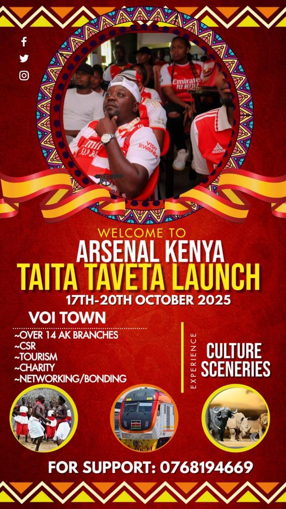 Arsenal Kenya Taita-Taveta branch launch and charity event!

For the love of Cultural Sceneries, CSR, Charity and Networking. 

October 2025, All Arsenal Kenya branches will lead the country in launching our new kid on the block! We can't wait to see you all 🤗