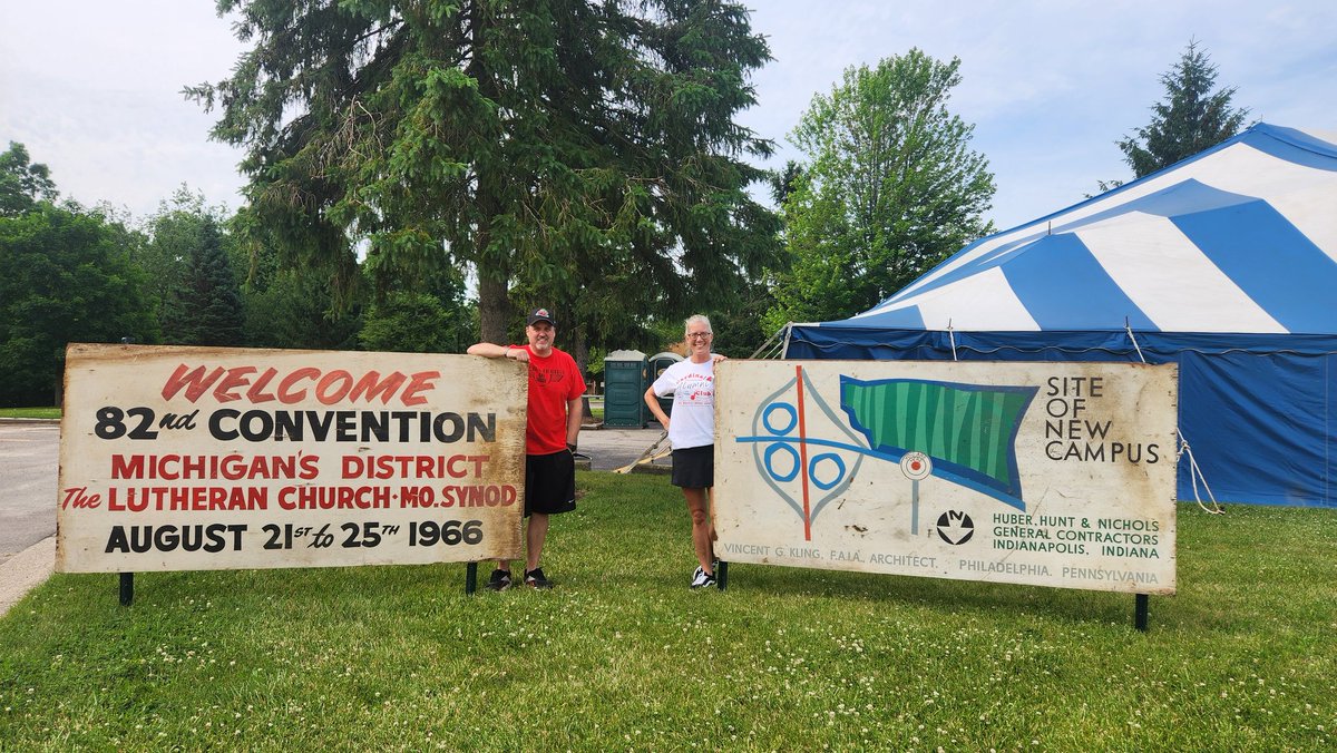 The original sign from the first <a href="/miLCMS/">Michigan LCMS</a> Convention on the campus of our favorite university <a href="/cuaa/">cuaa</a> welcoming everyone to campus!  Alumni - Join us at 6:15 on Monday for a huge alumni photo in front of the chapel.