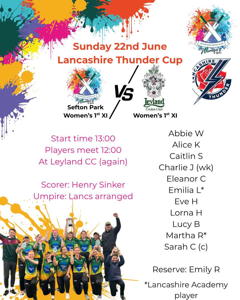Sefton Park Women's Cricket (@spcc_women) on Twitter photo Sunday plans sorted! Get to <a href="/LeylandCC/">Leyland Cricket Club</a> for 1pm, to see the Sefton Women, joined by <a href="/EmiliaLamb13/">Emilia Lamb</a> and <a href="/MarthaRimmer10/">Martha Rimmer</a> for the <a href="/LancsCricketFDN/">Lancashire Cricket Foundation</a> Thunder Cup! Go well all πππ₯ Sunday plans sorted! Get to <a href="/LeylandCC/">Leyland Cricket Club</a> for 1pm, to see the Sefton Women, joined by <a href="/EmiliaLamb13/">Emilia Lamb</a> and <a href="/MarthaRimmer10/">Martha Rimmer</a> for the <a href="/LancsCricketFDN/">Lancashire Cricket Foundation</a> Thunder Cup! Go well all πππ₯