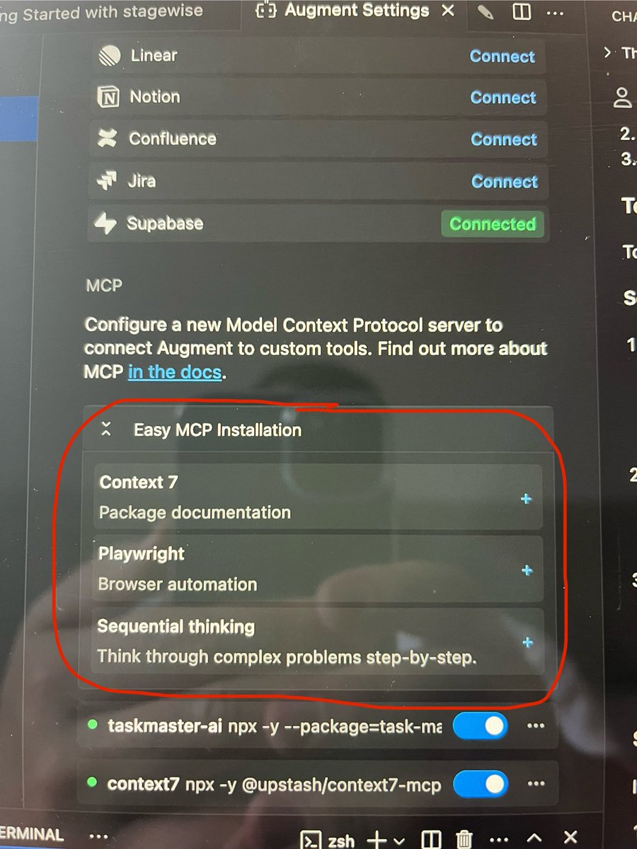 Josh_0080's tweet image. I just noticed @augmentcode have introduced 3 one-click easy MCP install options🔥. Hopefully more to come 🔮🚀 . Frankly sick of the manual install process for some MCPs