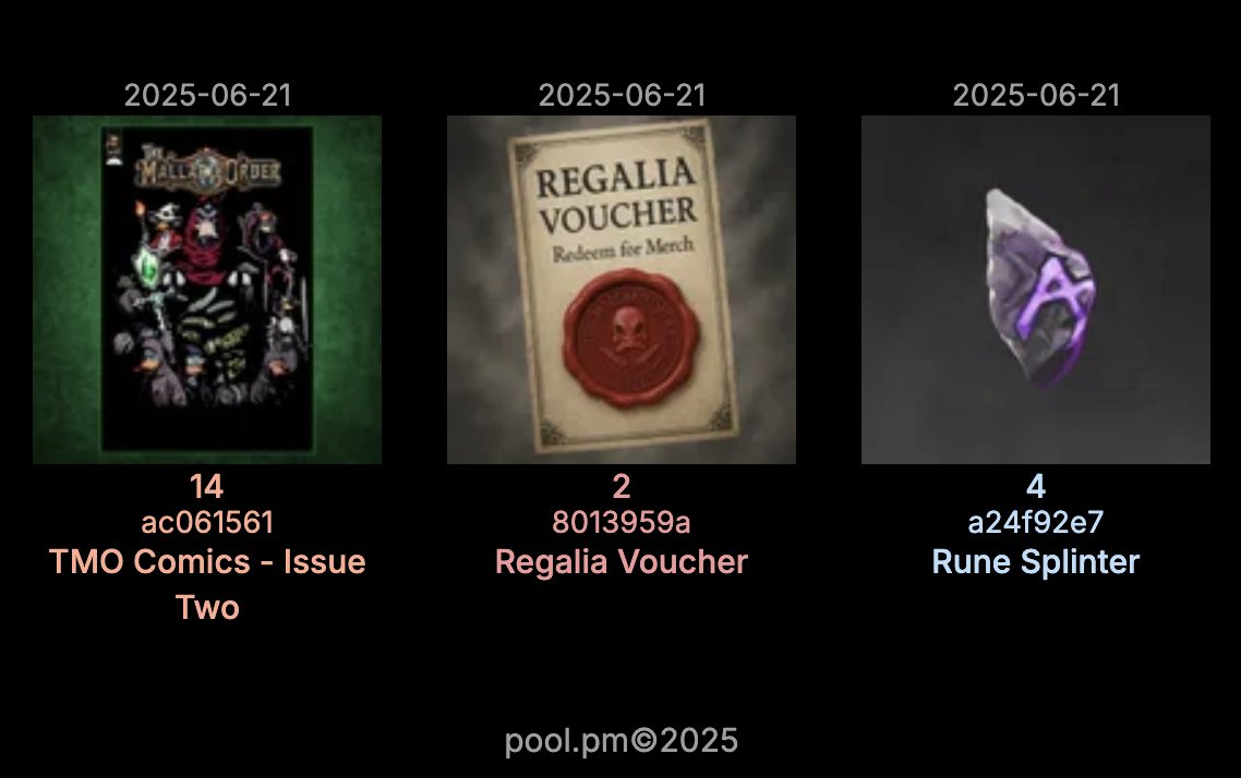 Shattered my Void Mirrors from the live <a href="/MallardOrder/">The Mallard Order</a> mint! 
Got 14 comics (one Rare) 
4 Rune Splinters
2 Regalia Vouchers for TMO Swag 
+175 ADA back!!!
Might have to go back in for a few more... 
Mint Link Below 👇