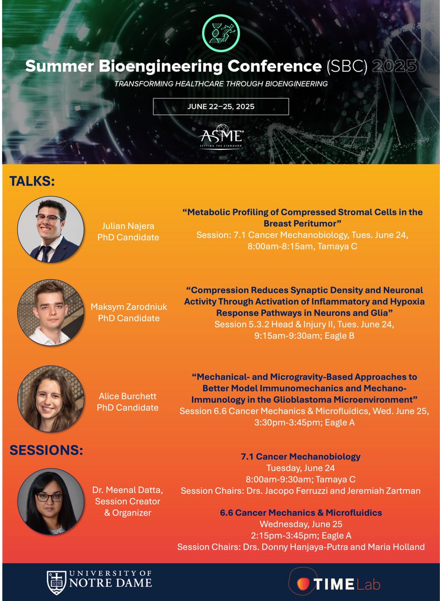 😎☘️<a href="/NDTIMELab/">TIME Lab</a> is ready for <a href="/ASMEdotorg/">ASME.org</a> Summer Bioengineering Conference (SBC) 2025! Check out our two special sessions on #cancer #mechanics and three student talks on tumor mechanical effects on  #immune, #stromal, and #brain cells, including our in-space research🚀. #SBC2025