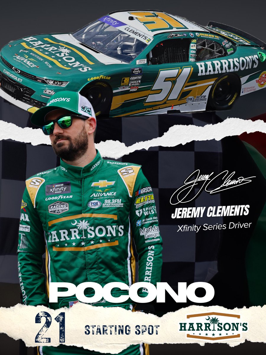 Harrison’s (@harrisonsusa) on Twitter photo With qualifying complete at Pocono, our guy <a href="/JClements51/">Jeremy Clements</a> and the <a href="/JCR_Clements51/">JeremyClementsRacing</a> team will roll off from the 21st spot on the grid!!
Join us starting at 3:30 PM/EST to keep up with the progress of the 51 team throughout the race!! With qualifying complete at Pocono, our guy <a href="/JClements51/">Jeremy Clements</a> and the <a href="/JCR_Clements51/">JeremyClementsRacing</a> team will roll off from the 21st spot on the grid!!
Join us starting at 3:30 PM/EST to keep up with the progress of the 51 team throughout the race!!