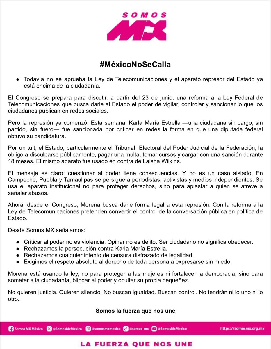 Aún no se aprueba la #LeyCensura en el #Congreso y el Estado ya está sometiendo a ciudadanos. 

Desde #SomosMX señalamos:

•Criticar al poder no es violencia.
      •Opinar no es delito. 
      •Ser ciudadano no significa obedecer 

#MéxicoNoSeCalla