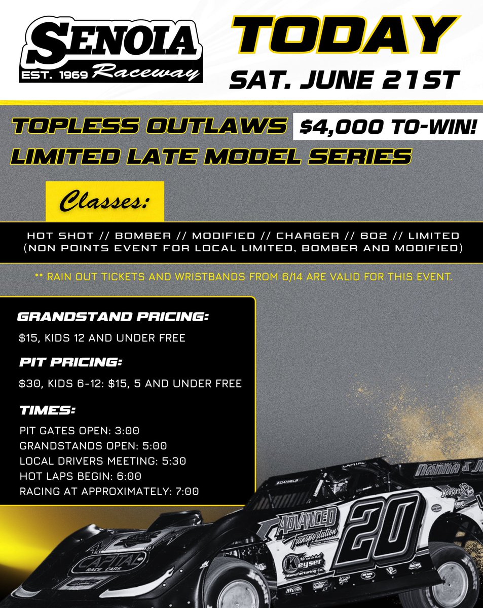 SenoiaR's tweet image. TODAY Saturday, June 21 at Senoia Raceway : Topless Outlaws Limited Late Model Series — $4,000 to WIN! 🔥
Plus action-packed racing in Hot Shot, Bomber, Modified, Charger, 602, and Limited divisions!
(Non-points race for Local Limited, Bomber & Modified)