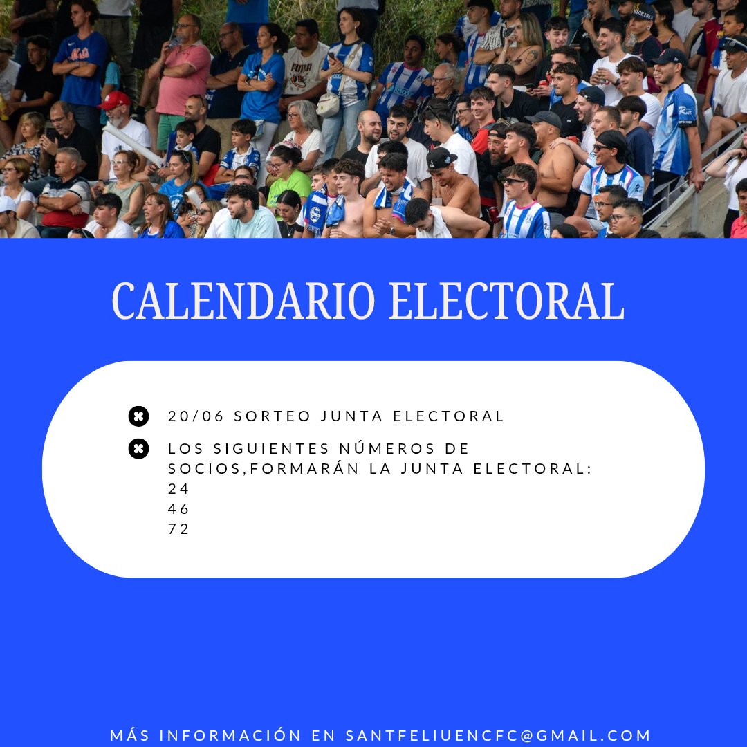 ℹ️INFORMACIÓN ELECCIONESℹ️

☑️ En el día de ayer se hizo el sorteo de la junta electoral y estará formada por los siguientes números de socios: 24, 46 y 72.

#SempreSantfe♾️
