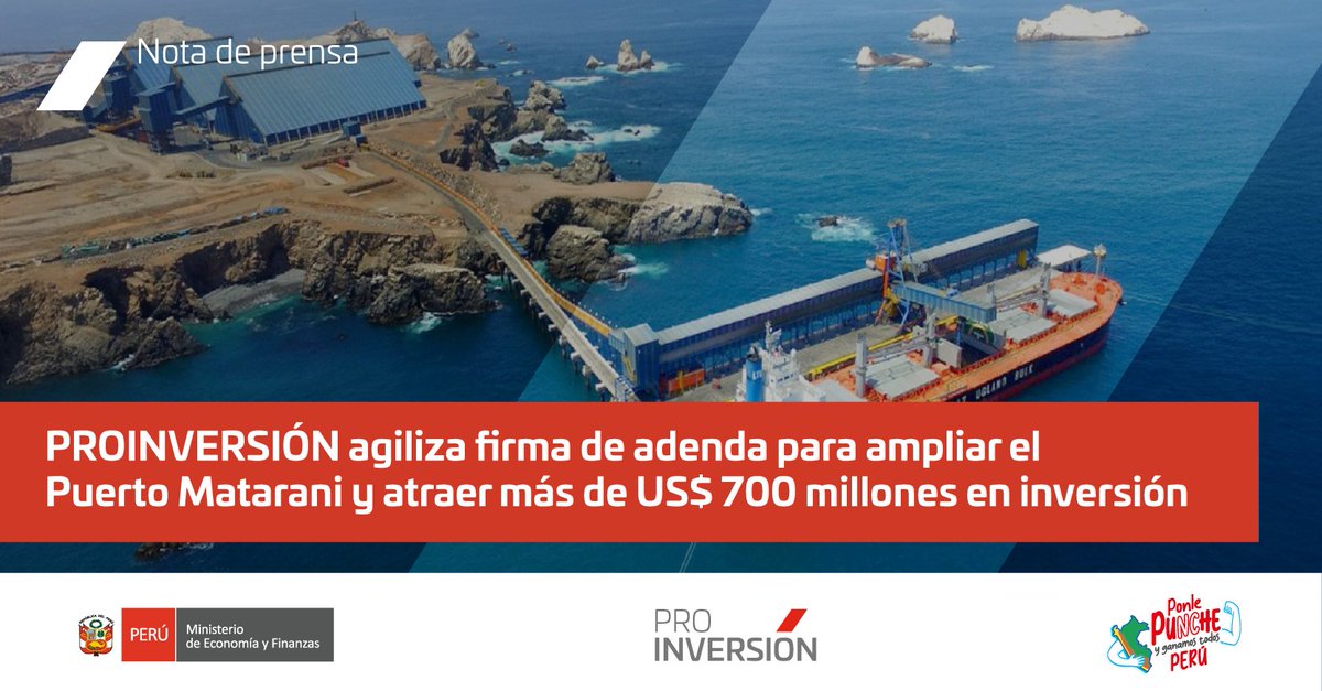 ProInversión Perú (@proinversionpe) on Twitter photo 🗞️ #NotaDePrensa | 🚢 Buenas noticias para el sector portuario. PROINVERSIÓN, en coordinación con el <a href="/MEF_Peru/">Ministerio de Economía y Finanzas</a>, logró agilizar el proceso para la suscripción de una adenda al contrato de concesión del Puerto de Matarani, lo que permitirá viabilizar una inversión superior a US$ 🗞️ #NotaDePrensa | 🚢 Buenas noticias para el sector portuario. PROINVERSIÓN, en coordinación con el <a href="/MEF_Peru/">Ministerio de Economía y Finanzas</a>, logró agilizar el proceso para la suscripción de una adenda al contrato de concesión del Puerto de Matarani, lo que permitirá viabilizar una inversión superior a US$