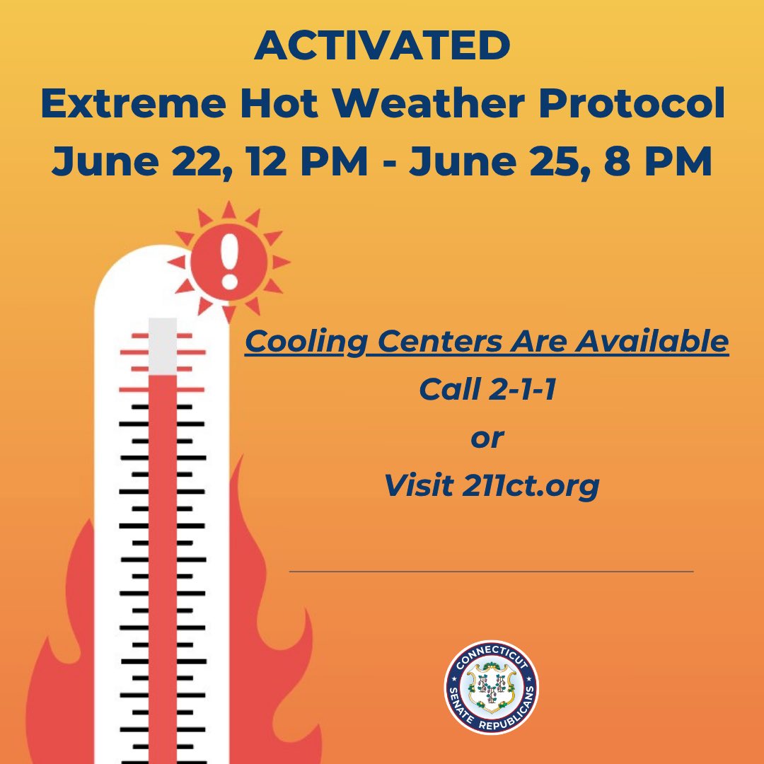Connecticut’s Extreme Hot Weather Protocol has been activated due to high temperatures up to 105°F from June 22-25. Stay safe:

💧 Stay hydrated
🏠 Stay indoors or in AC
🌳 Seek shade outdoors
❄️ Find cooling centers at 2-1-1 or 211.org

Be sure to check on