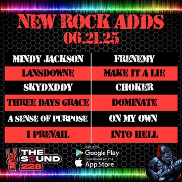 New Rock Adds!

Mindy Jackson - “Frenemy”
<a href="/Lansdownemusic/">Lansdowne</a> - “Make It A Lie”
<a href="/skydxddymusic/">SkyDxddy</a> - “Choker”
<a href="/threedaysgrace/">Three Days Grace</a> - “Dominate”
<a href="/asopband/">A Sense of Purpose</a> - “On My Own”
<a href="/IPrevailBand/">I Prevail</a> - “Into Hell”

Get your requests in!  Download the app or listen on the web, linktr.ee/thesound228