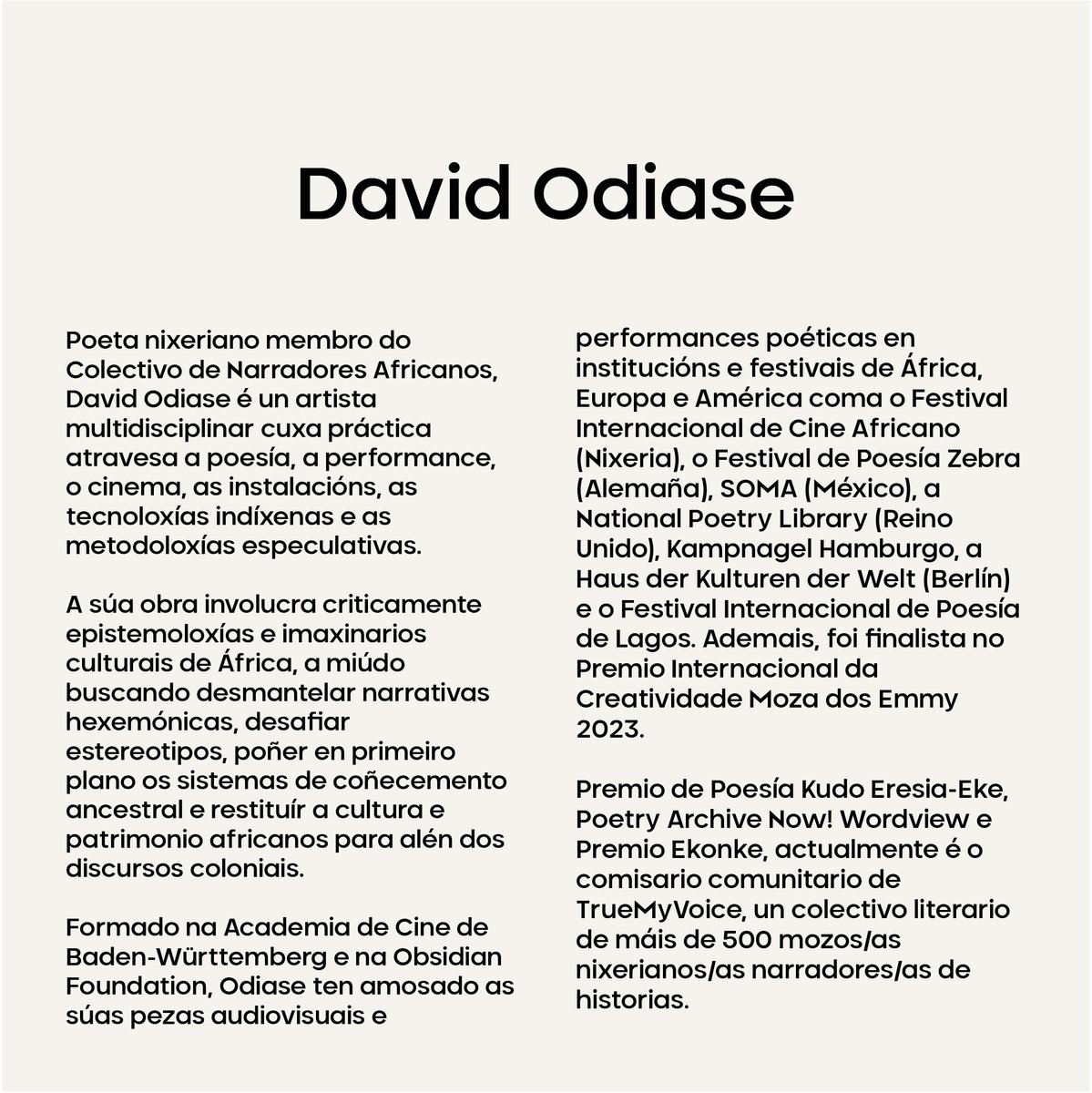 ✒️ Unha nova sesión de Poetas Di(n)versos demostrará como romper as fronteiras a través da poesía.

🇳🇬 Nixeria estará representada polo artista multidisciplinar @thedavidodiase, o cal rompe estereotipos a través da súa obra alonxando a cultura africada dos discursos coloniais.
