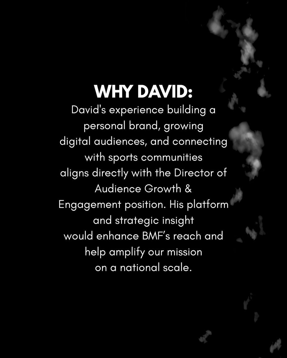 Please join us in welcoming <a href="/CoachDkitch/">David Kitchen</a>, Director of Audience Growth &amp; Engagement!

With deep ties to the White family and an impressive background in leadership, entrepreneurship, and digital strategy, David brings the perfect blend of passion and expertise to help expand BMF’s