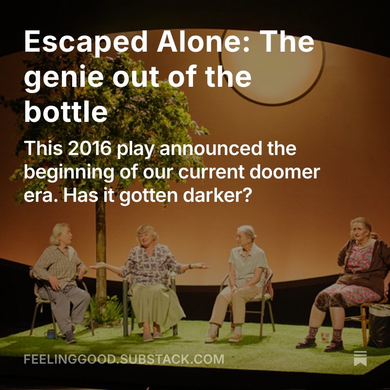 Chris McCormack (@chrismaccormack) on Twitter photo 🚨 it’s the CARYLSTACK! wrote about how caryl churchill’s escaped alone kicked off our doomer era. (update: still doomed).
open.substack.com/pub/feelinggoo… 🚨 it’s the CARYLSTACK! wrote about how caryl churchill’s escaped alone kicked off our doomer era. (update: still doomed).
open.substack.com/pub/feelinggoo…