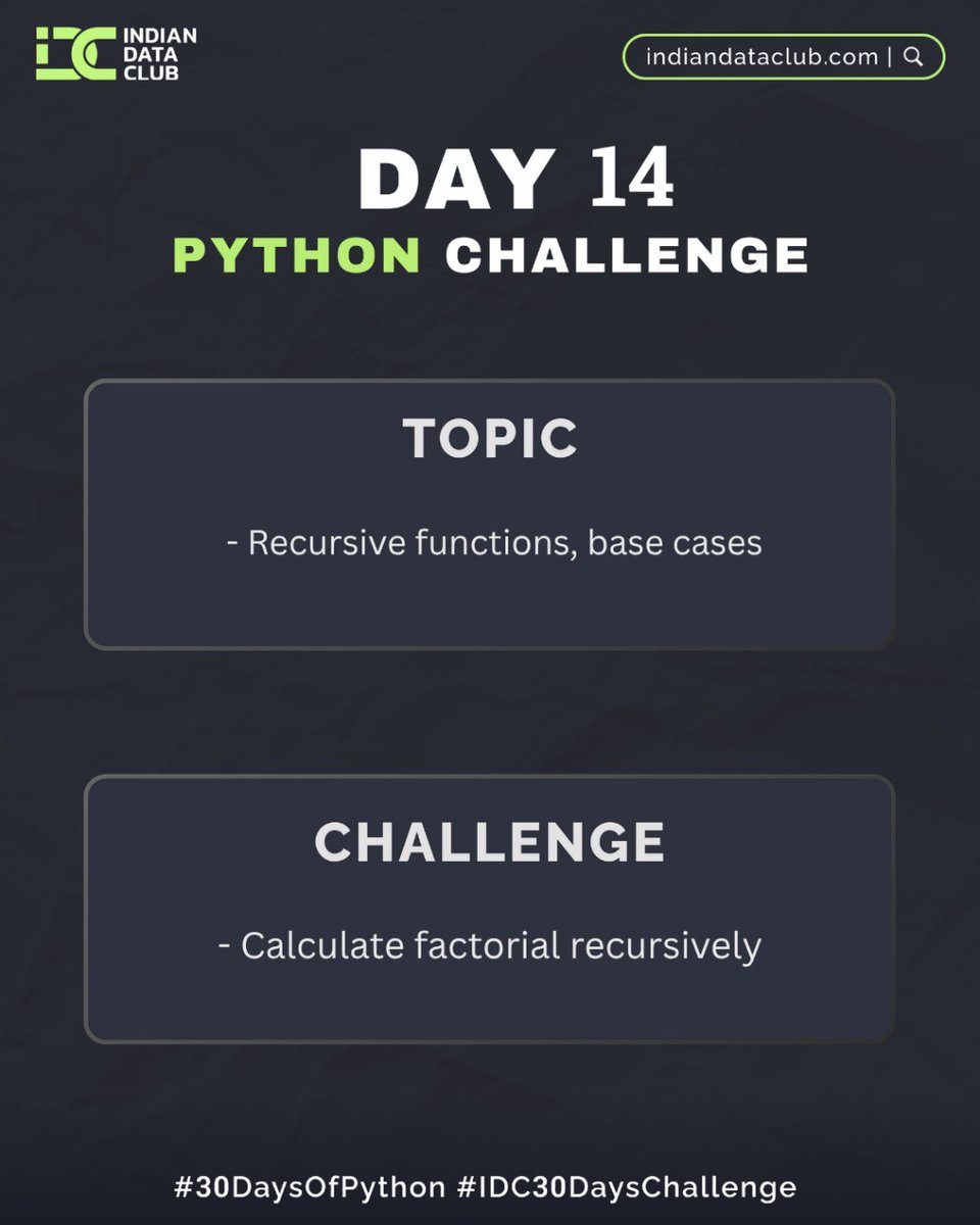 DARSHIL_Analyst's tweet image. #Day14 of #30DaysPythonChallenge 🐍
Learned about Recursion — a function calling itself to break down problems!
✔️ Used in factorials, Fibonacci, tree traversal
✔️ OS may use recursive logic, but recursion ≠ threads
🎯 Challenge: Find factorial using recursion
#Python #Day14