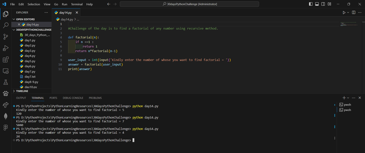 DARSHIL_Analyst's tweet image. #Day14 of #30DaysPythonChallenge 🐍
Learned about Recursion — a function calling itself to break down problems!
✔️ Used in factorials, Fibonacci, tree traversal
✔️ OS may use recursive logic, but recursion ≠ threads
🎯 Challenge: Find factorial using recursion
#Python #Day14