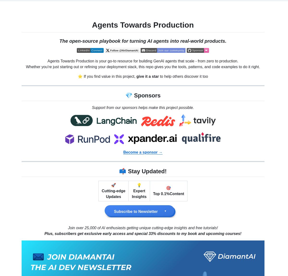 🚀🤖 Agents Towards Production

Nir Diamant just released a practical guide for building production-ready AI agents. This open-source playbook features tutorials using LangGraph for workflows and LangSmith for observability, plus essential production features.

Check it out 👉