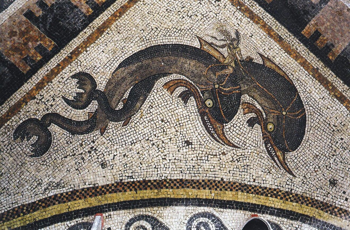 Floor mosaic depicting Eros riding on dolphins, circa 120–80 BC, from the House of the Dolphins, Delos, Greece. © Photo: Archaeological Receipts Fund (Athens).