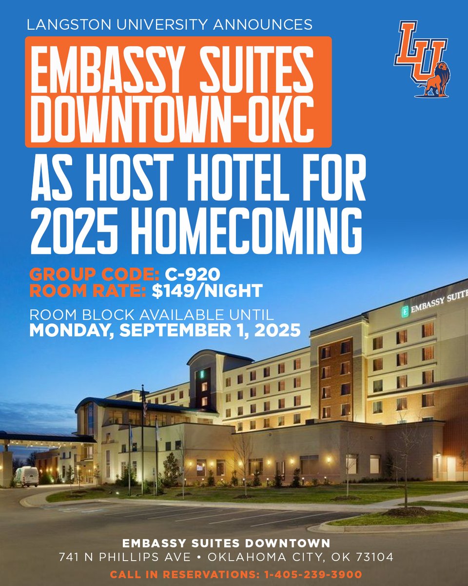 We're excited to announce the host hotel for this year's Legendary Homecoming will be Embassy Suites Downtown-OKC! Call today to reserve a room at a rate of $149/night. Make your reservations no later than Sept. 1 to receive this rate. For more info visit langston.edu/homecoming