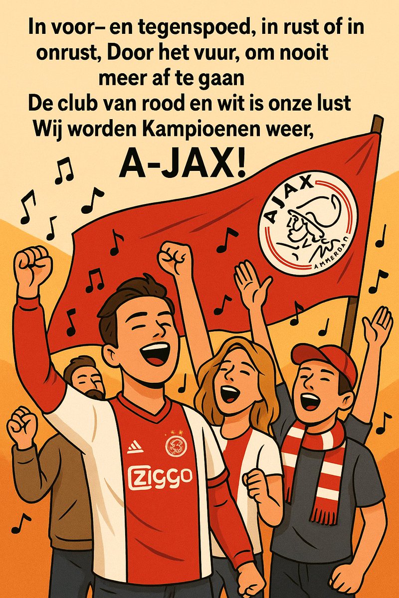 GEUZENLIED!
Ajax-supporters geven nooit op.
Niet in rust, niet in onrust.
Kampioenen in hart en ziel.

Zij zingen…
AJAX, altijd AJAX! 🔴⚪
#Ajax #EchteSupport #VoorAltijd