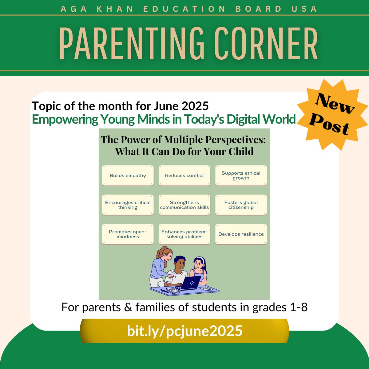 Parents of students in grades 1–8: This month’s Parenting Corner helps kids think critically, spot fact vs. opinion, and use tech responsibly. Learn how to raise informed, ethical digital citizens. 

bit.ly/pcjune2025

#TheIsmaili #OneJamat #OneHumanity