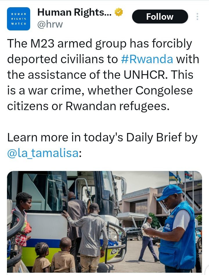 MINISTER of Happiness (@drmumbogosv) on Twitter photo Open Letter to .<a href="/hrw/">Human Rights Watch</a>
To the Human Rights Watch,
We are writing to express our deep concern and disapproval regarding your recent statements alleging that the deportation of civilians to Rwanda by the M23 armed group, with the assistance of the <a href="/Refugees/">UNHCR, the UN Refugee Agency</a>, constitutes a war Open Letter to .<a href="/hrw/">Human Rights Watch</a>
To the Human Rights Watch,
We are writing to express our deep concern and disapproval regarding your recent statements alleging that the deportation of civilians to Rwanda by the M23 armed group, with the assistance of the <a href="/Refugees/">UNHCR, the UN Refugee Agency</a>, constitutes a war